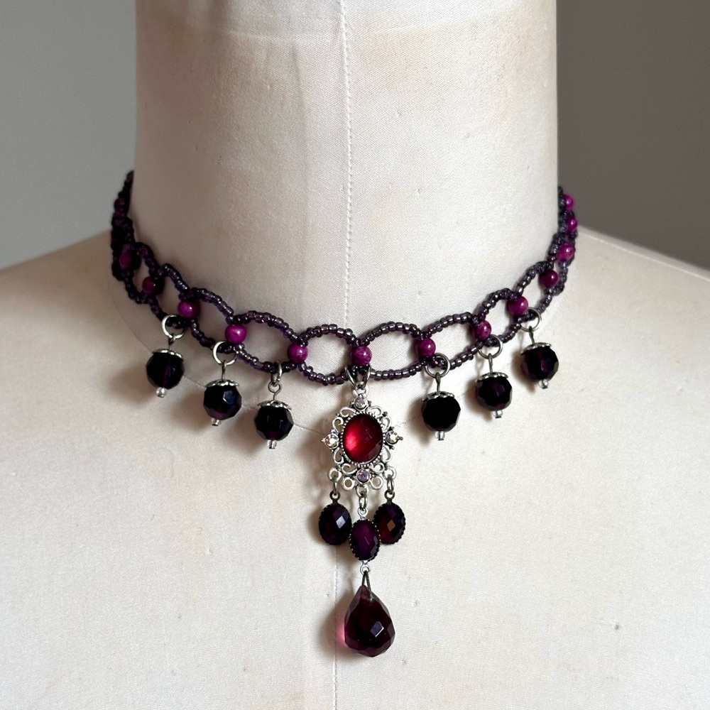Victorian Choker Style Necklace- Glass Purple Beads, Faceted Teardrop Bridgerton